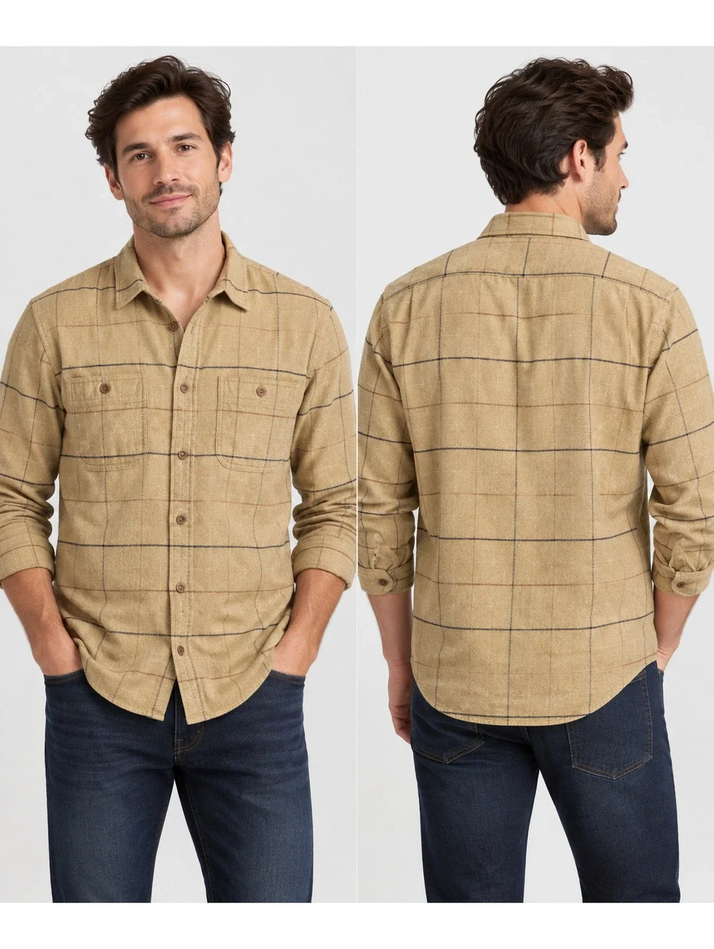 J.Crew Men's Slim Fit Windowpane Plaid Cotton Button Up Shirt Tan Size M